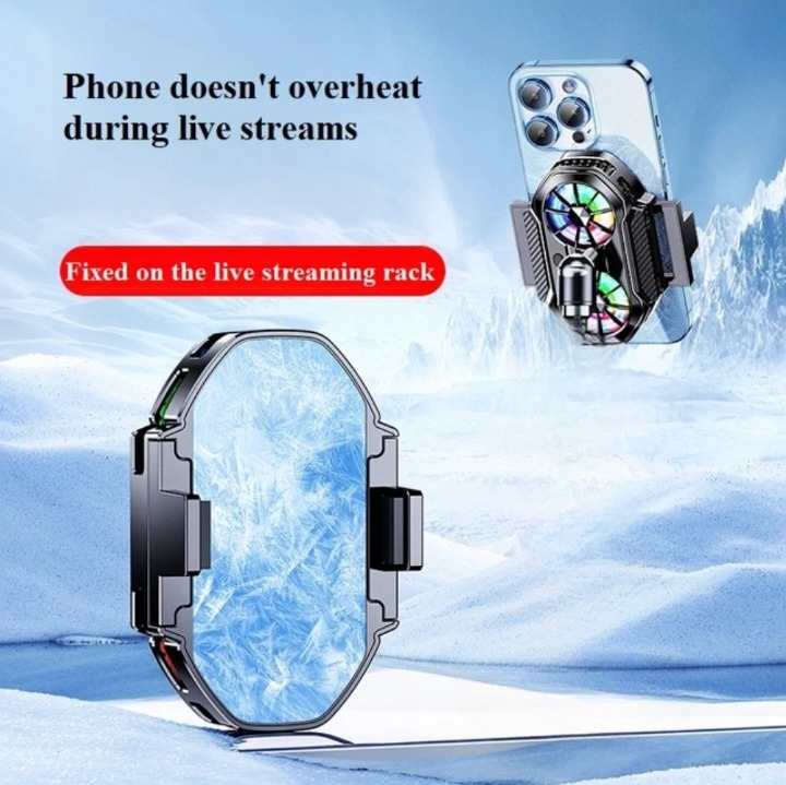 FS06 Semiconductor Cooling Mobile Phone Cooler Radiator Dual Fans Digital Display for Live Streaming with Universal Wheel