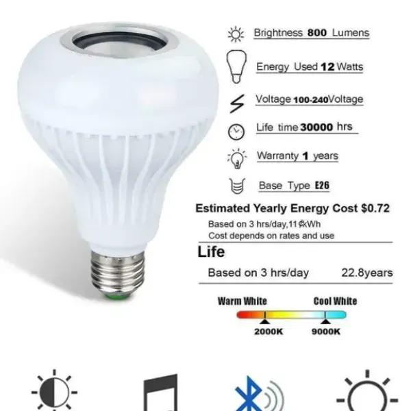 Smart E27 LED RGB White 12W Wireless Bluetooth Speaker Bulb Lamp Colorful Changing Light Remote and App Control